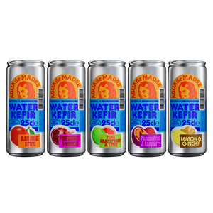 Five cans of Agua de Madre Water Kefir on a white background